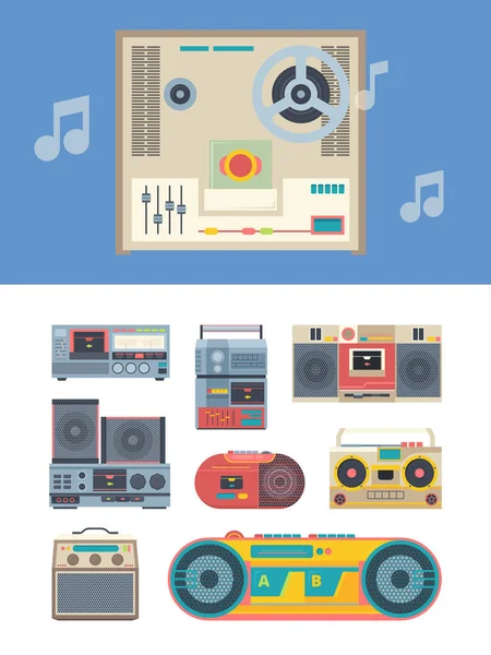 Retro recorder. portable vintage audio players music gadgets collection. 80-s style vector illustrations isolated — Stockvektor