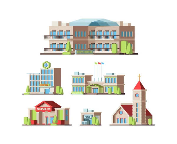 Edifícios municipais. Casas urbanas hotel escola hospital Instituto Correios e Igreja. Vector imagens planas —  Vetores de Stock