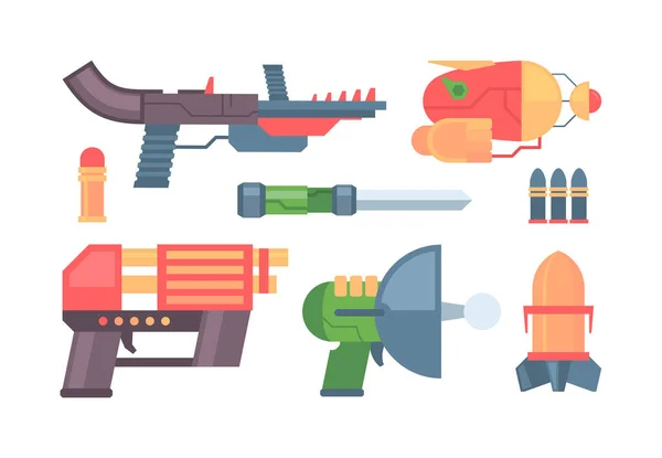 Armas futuristas. brinquedos coloridos armas engraçadas pistola e laser blasters para batalhas espaciais. coleção de pistolas vetoriais para crianças —  Vetores de Stock