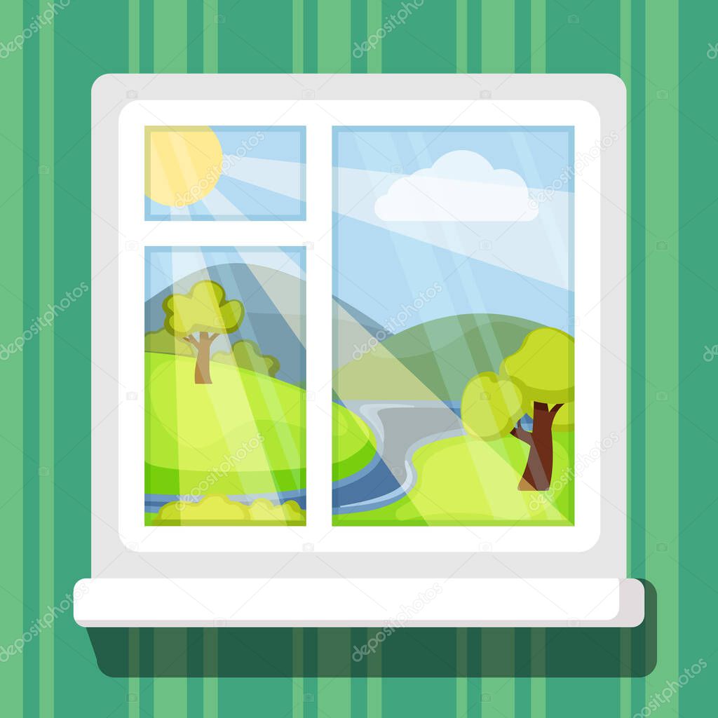 view from windows. spring or summer landscape with sun sky clouds and green trees and hills. vector window frame