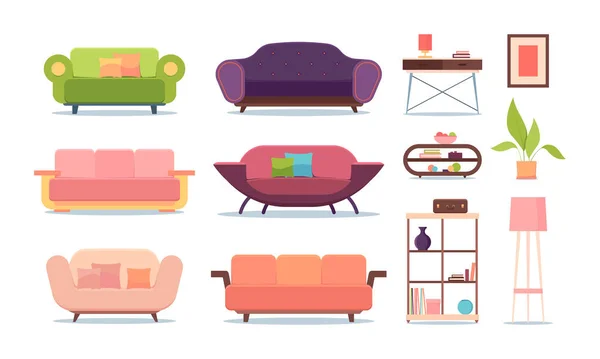 Muebles blandos. sofás estantes sala de estar relajarse interiores lugares tela entrenador decorativo. vector muebles planos imágenes — Archivo Imágenes Vectoriales