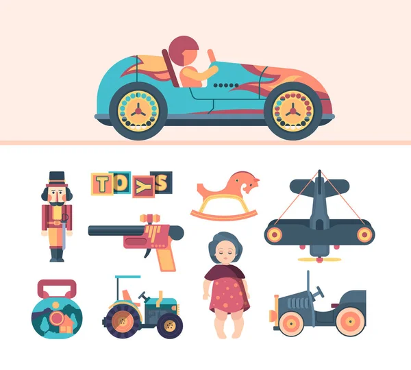 Juguetes antiguos. tractor aviones cubos de madera soldados muñecas ametralladoras retro juguetes divertidos para niños. vector de color conjunto — Vector de stock