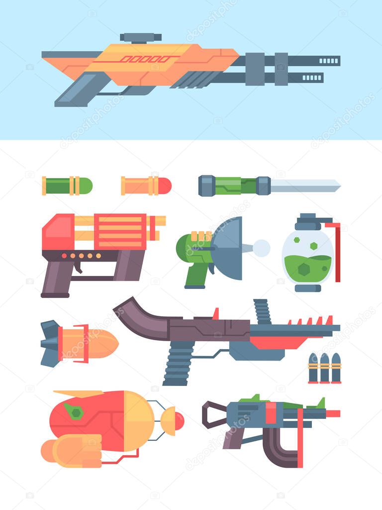 cartoon blaster. toys for kids futuristic weapons pistols laser for video games battles. vector colored illustrations