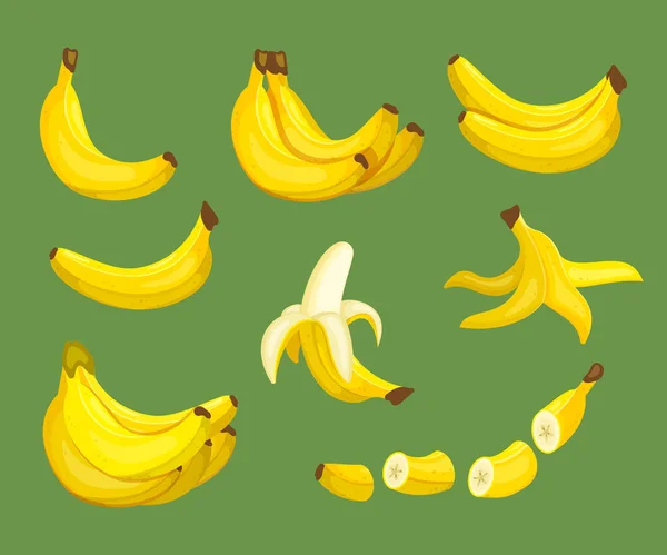 Comida de plátanos. exóticos productos frescos tropicales saludables deliciosos ingredientes orgánicos de cocina para el jugo. vector conjunto de dibujos animados — Vector de stock