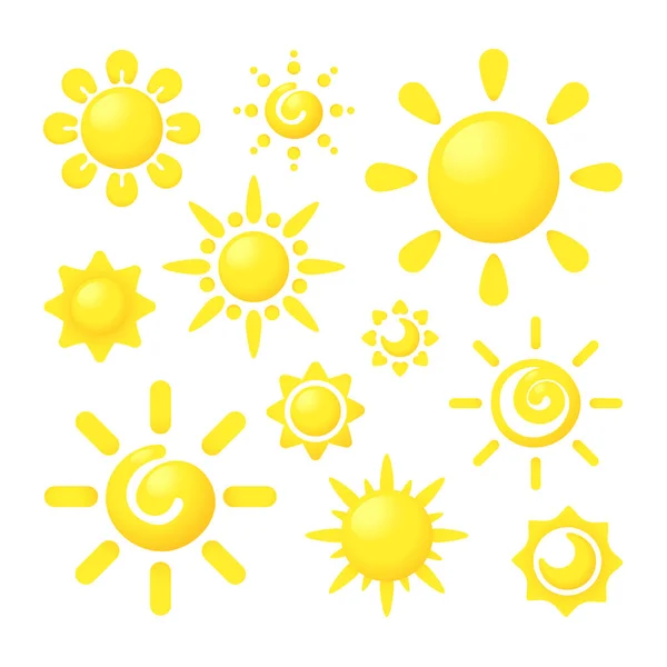 Солнце. Формы кругов блеска с лучами стилизованные графические векторные желтые символы заката изолированы на белом фоне — стоковый вектор