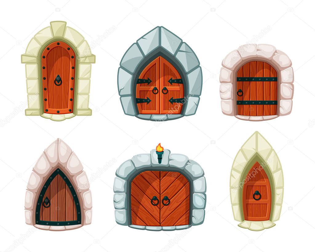 medieval doors. wooden and rocks entrance gate and doors for castle fortress cartoon exit vector symbols
