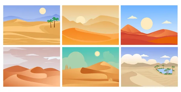 Pouštní krajina. kreslené tropické exotické pozadí s pískovým horizontem a horkým zářícím sluncem. vektorové letní obrázky — Stockový vektor
