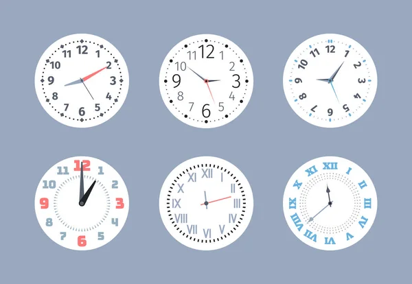 Zegary. okrągła ściana zegarki płaskie symbole kolekcji koła pomiaru czasu wyświetlane z liczbami i strzałkami. Szablony wektorów — Wektor stockowy