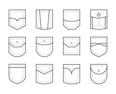 Cebinde. Giysi veya çanta ince dikiş vektör çizgisi olan moda elementlerini desteler, şekil değiştirir, tekstil kumaş koleksiyonu