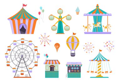Lunapark. Çocuklar için farklı eğlenceler tekerlek sirki atlıkarıncalarına binmek. vektör oyun alanı elemanları