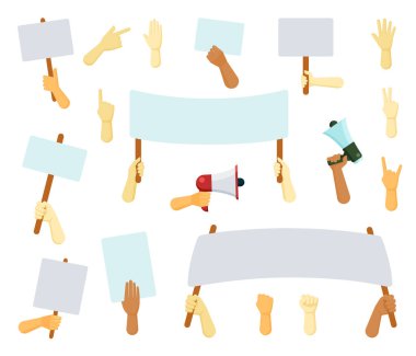 Tahta tutucu. Ellerinde protesto ya da reklam pankartları var. Haklar için mücadele et. Boş propaganda posterleri. Vektör şablonu