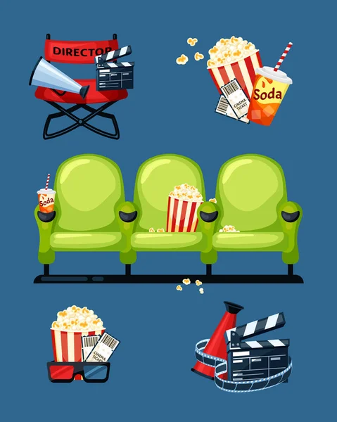 Symboles de cinéma. Cinéma et théâtre articles de divertissement temps TV nourriture pour cinéma popcorn clapboard lunettes 3D haut-parleur. Collection de dessins animés vectoriels — Image vectorielle