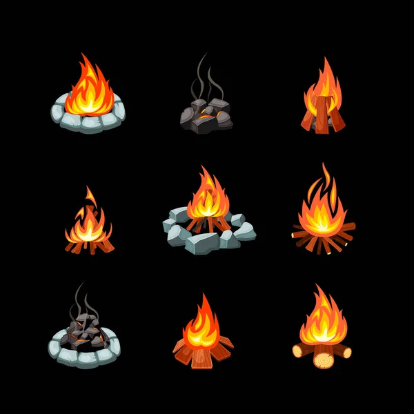 篝火。收集篝火旅游中燃烧的火焰的图片，户外象征自然森林火灾的地方。矢量卡通集 — 图库矢量图片