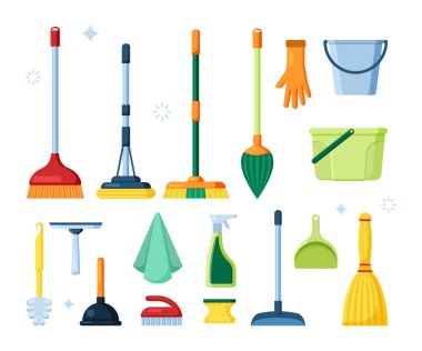 Süpürge resimleri. Hijyen temizlik hizmeti öğeleri ev aletleri fırçalar plastik kovalar havlular süpürge vektör malzemeleri