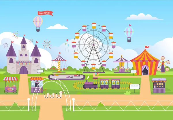 Vidámpark. vicces szabadtéri szórakozás látnivalók gyerekeknek fesztivál város hullámvasút cirkusz sátor ég léggömbök körhinta vonatok vektor háttér — Stock Vector