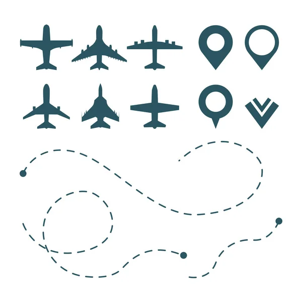 Symboly letadla. avia transportní piktogramy. tvar trasy stopy mapa body vektor letadla silueta — Stockový vektor