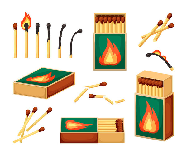 спички коллекции. защитный ожог от деревянных спичек в пакетах. Векторная иллюстрация
