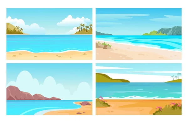 Beach, sea landscapes. Tropical seascapes with mountains, beach and palm trees — Stock Vector