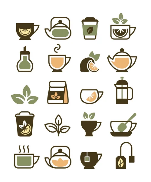 Xícaras de chá ícones. símbolos de bebidas quentes chá verde e café folhas chaleira e copos ilustração vetor —  Vetores de Stock