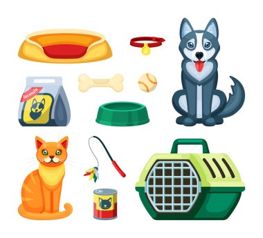 Evcil hayvan dükkanı seti. Kedi ve köpek için çeşitlilik, oyuncak, beyaz top, lastik kemik, konserve ve kuru yiyecek plastik yeşil besleyici, taşınabilir kap, yiyecek, göğüs eti. Vektör grafikleri.