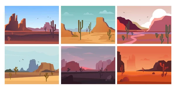 Ökenlandskap naturligt. Sandy, varm öppen gul öken dalen på morgonen, horisontella orange grand canyon med rosa berg på eftermiddagen och kvällen, kaktusar i sand. Vektorgrafik i platt stil. — Stock vektor