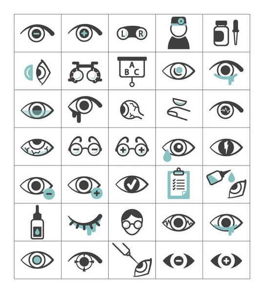 Ophthalmic set icons. Eyes with impaired vision, optical selection glasses, plus, minus, optometric surgery, inflammation, pus of eyeball, laser correction, drops and instructions. Vector graphics. — Stock Vector