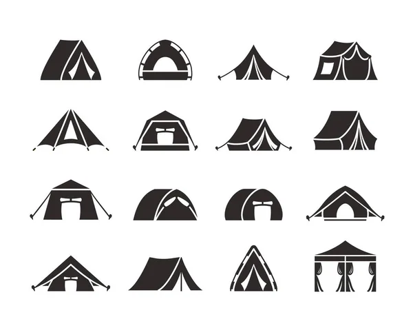 Camping tente silhouette ensemble. Tente touristique avec une verrière, renforcée par une corde avec une cheville, la forme d'un dôme en nylon de l'hémisphère, monochrome, un symbole de voyage ouvert et de détente. Graphiques vectoriels . — Image vectorielle