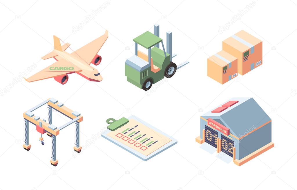 Cargo delivery isometric set. Express service of cargo deliveries by plane, shipment of parcels by forklift to a warehouse, filling out a declaration, moving by crane. Vector illustration.