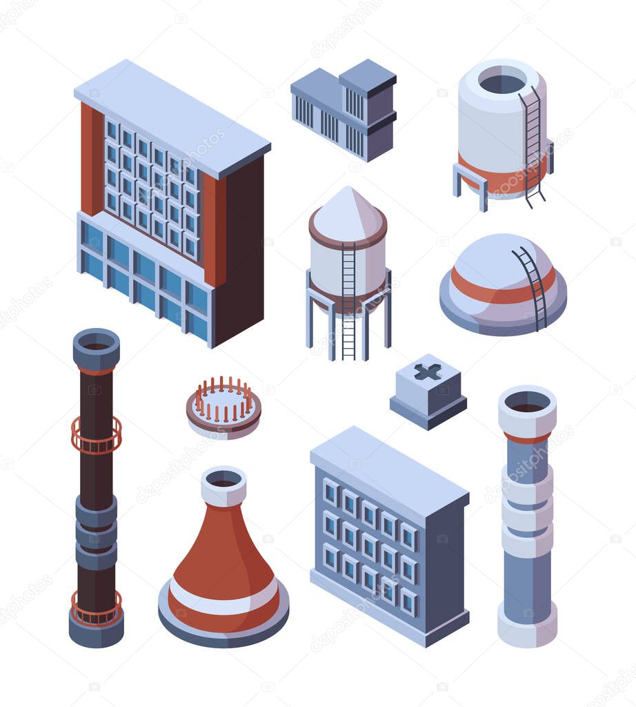 Industrial factory building set. Industrial isometric hulls with brown pipe, concrete and iron storages with ladder, powerful production hangars, perspective model construction. Vector flat graphics.