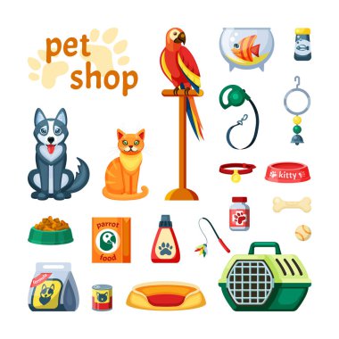Evcil hayvan dükkanı. Evcil hayvanlar için aksesuarlar, kedi, köpek, balık, portatif bir kapsül, yakalı bir tasma, şampuan ve vitamin, oyuncak bir top, lastik bir kemik, bir zil. Vektör grafikleri