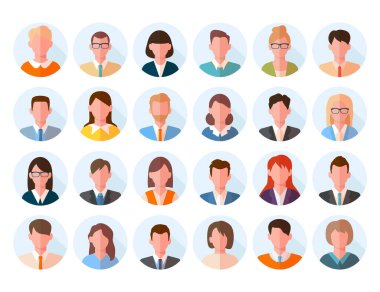 Görseller büyük set baş. Karakterler, isimsiz kullanıcı öğrenci işadamı, işçi kadın portresi takım elbiseli hippiler gözlüksüz kravat takıyorlar. Renkli çizgi film vektörü.