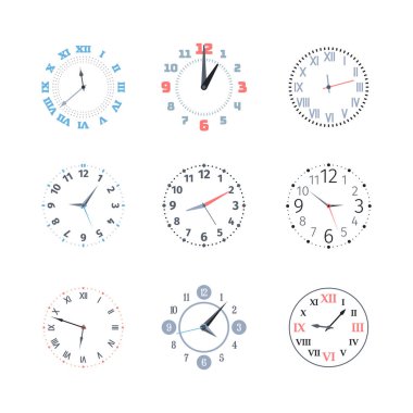 Clock time set. Dial with roman and arabic numerals of round shape, wall and hand chronometer with classic and modern style of clock hands, numbers, stopwatch in color design. Vector graphics. clipart