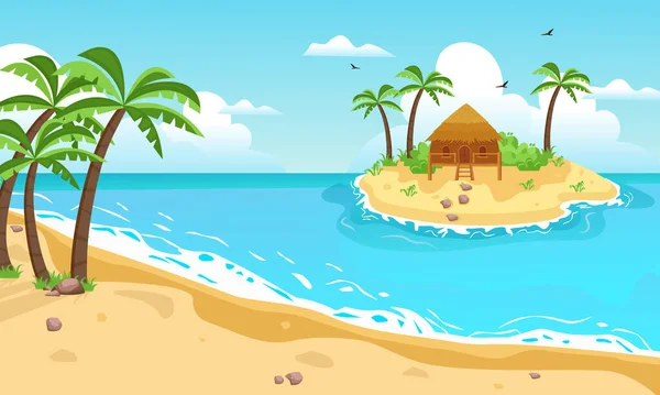 Tropische Insel mit Ferienhaus. Gelber Sandstrand mit Palmen, im Zentrum eine exotische Insel mit braunen Bungalows, Himmel mit Wolken und Möwen, blauer Ozean, Bucht mit Wellen. Vektorgrafik flach. — Stockvektor