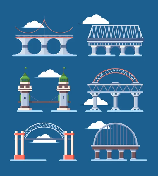 橋の建築セット。アーチ型の人力都市橋産業建設セグメントケーブルムーンカラーアーキテクチャ都市スタイルの構造は、金属製の石の高架橋を雲。ベクトルクリップグラフィックス. — ストックベクタ