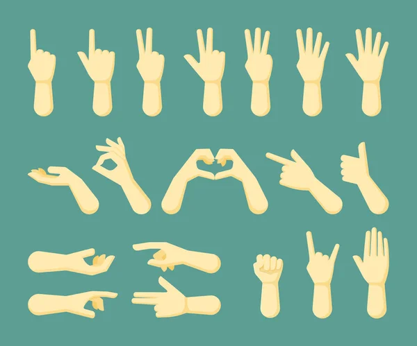 Ручные знаки установлены. Разнообразное общение жестов рукой и пальцами, сигнал улыбки, приветствия, проведения, остановки, хорошего, жеста, подсчета пальцем. Векторная графика в плоском стиле — стоковый вектор