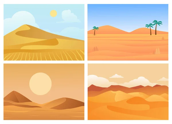 Paisaje del desierto. Amanecer y atardecer calientes, palmeras en la arena, cielo azul seco, canteras arenosas del desierto del Sahara, hermoso color rojo-naranja del paisaje horizontal. Ilustración vectorial en estilo plano . — Vector de stock