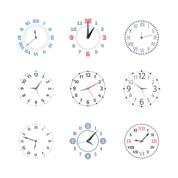 Reloj de tiempo establecido. Dial con números romanos y árabes de forma redonda, pared y cronómetro de mano con el estilo clásico y moderno de las agujas del reloj, números, cronómetro en el diseño de color. Gráficos vectoriales . — Vector de stock