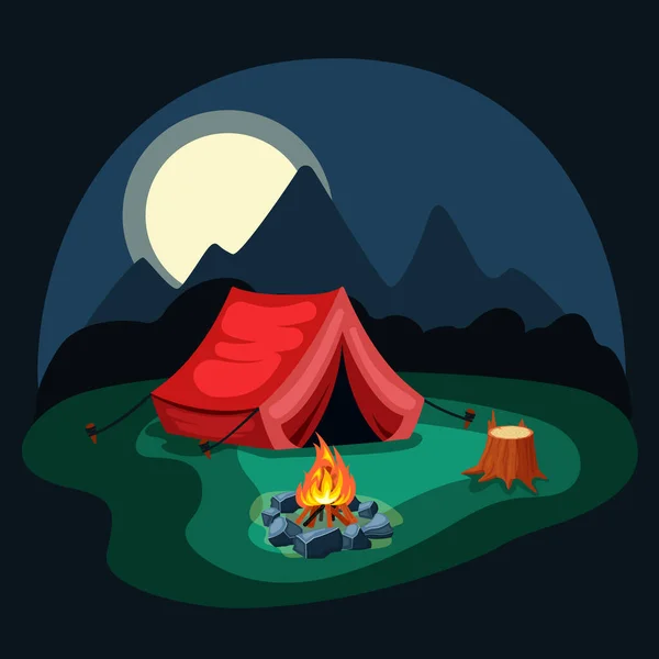 Tent at night in the camp. Red tent on green meadow with campfire, wooden stump with remains of bark, night mountains with moon, symbol of travel and tranquility. Vector graphics in flat style. — Stock Vector