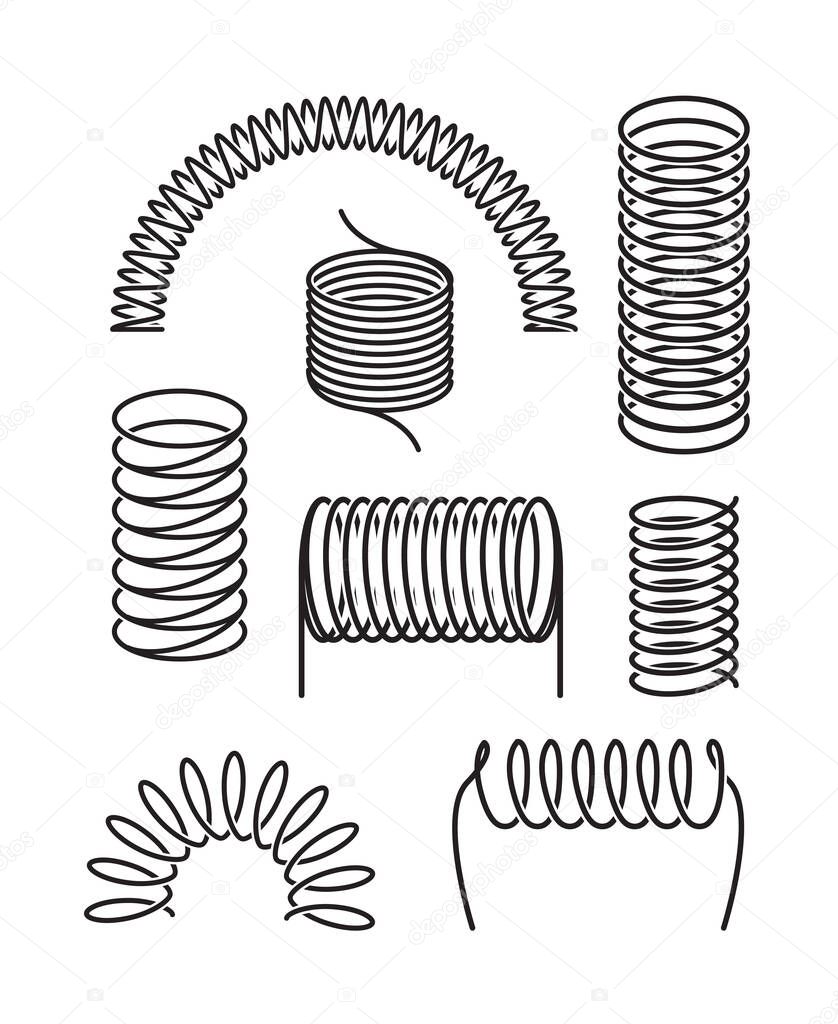 Spring metal set. Twisted spiral semicircular coil, flexible spring wire compressed under pressure rebound, elastic energy compression expansion. Vector silhouette graphics.