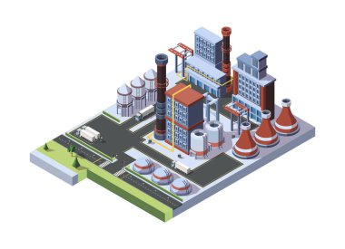 Sanayi fabrikası inşa edildi. Depolama tesisleri, gelen kamyonlar, baca kulesi bacası ve vinci olan endüstriyel bir fabrika konsepti. Üretim mühendisliği planı. Vektör düz biçimi.