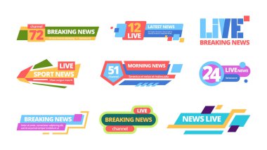 Haber başlığı belirlendi. Web başlığı televizyon çevrimiçi medya bilgi renk çubuğu, haber kanalı başlıklarının günlük yayını. Hayatı mahvetmek, spor haberleri gün içinde dijital ortamda yayınlanıyor. Vektör düz pankartları.