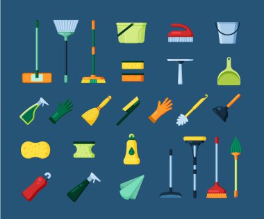 Ev temizlik aletleri ayarlandı. Yıkama, süpürme tozu temizleme, plastik paspas, süpürge, sünger yıkama, acele, eldiven, fırça, temizlik için sıvı. Düz biçimli vektör grafikleri.