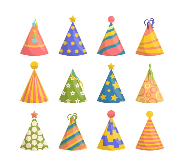 Festa dos bonés. Cone festivo para aniversário, festa, ano novo, azul colorido, verde, vermelho, de papel com listrado, redondo, padrão quadrado, acessório divertido para entretenimento. Gráficos vetoriais em estilo plano . — Vetor de Stock