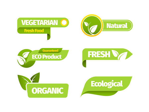 Органический вегетарианский баннер. Натуральный органический вегетарианский дизайн зеленый лист наклейка свежая биоферма этикетка веганский ресторан природного рынка здоровый экологический продукт. Векторная графика
.