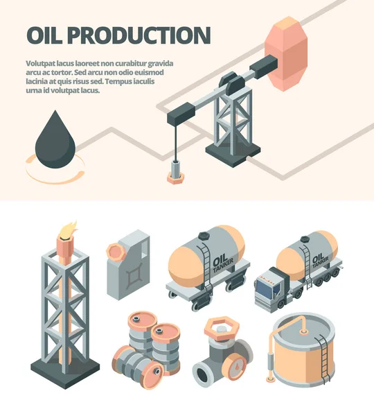 Conjunto isométrico industrial de petróleo. Derrick caminhão de bombeiros plataforma tanque de óleo tanque de válvula de combustível de armazenamento de matérias-primas recipiente de transporte sucker-rod bomba indústria de energia gota preta. Estilo isométrico vetorial . — Vetor de Stock