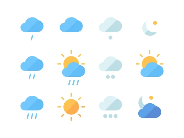 Weather icon set. Climatic changes in world heavy rainfall cold moderate clouds sunny month snowfall cloudy day clear weather at night, meteorological forecast. Vector flat icons. — Stock Vector