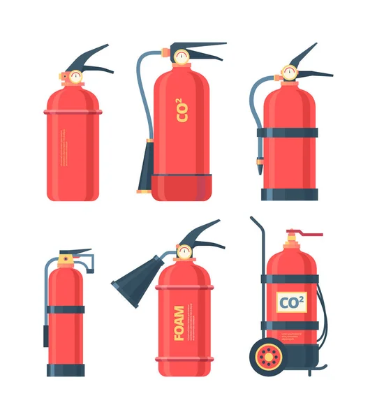 Встановлено вогнегасники. Автономні хімічні порошкові вогнегасники червоного вогню запобігають ризику пожежі інструкціями наклейок розпилювального шланга CO2, що захищають безпеку домашнього складу. Векторний мультиплікаційний стиль . — стоковий вектор