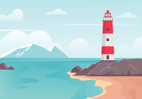 Маяк в бухте на пляже. Башня маяка на каменном холме на краю синей морской бухты, белые горы на горизонтальных облаках, иллюстрация безопасного навигационного путешествия. Векторный цвет фона . — стоковый вектор