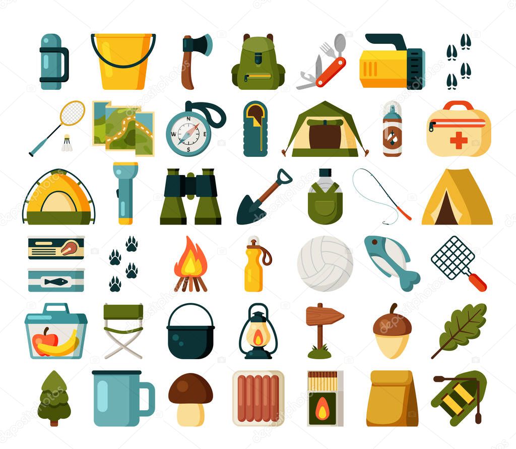 Hiking and camp equipment set. A tent with awning, map, items for recreation, ball, racket, for fishing, inflatable boat, fishing rod, bowler. Complete color kit for tourism. Vector flat graphics.
