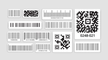 Kimlik kodu. Veri tarayıcı ile tarama için barkod, akıllı telefon için qr kod, ambalajda monokrom etiketi, perakende bilgi teknolojisi olan ürünlerin satışı. Vektör illüstrasyonu.